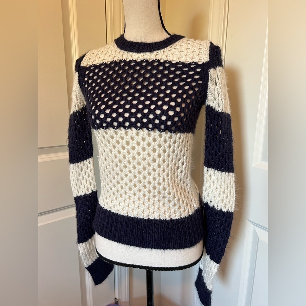 Arizona jeans, navy blue and white striped crewneck crochet sweater